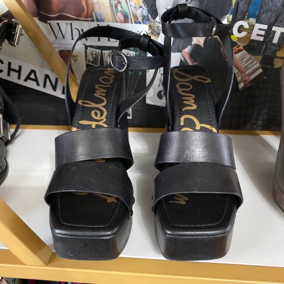 SAM EDELMAN Rosalind Black Leather Platform Heeled Sandals Size 8 - Picture 7 of 9